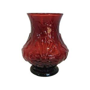 Anchor Hocking Rainflower Ruby Vase 5.5" floral red glass raised relief cosmos